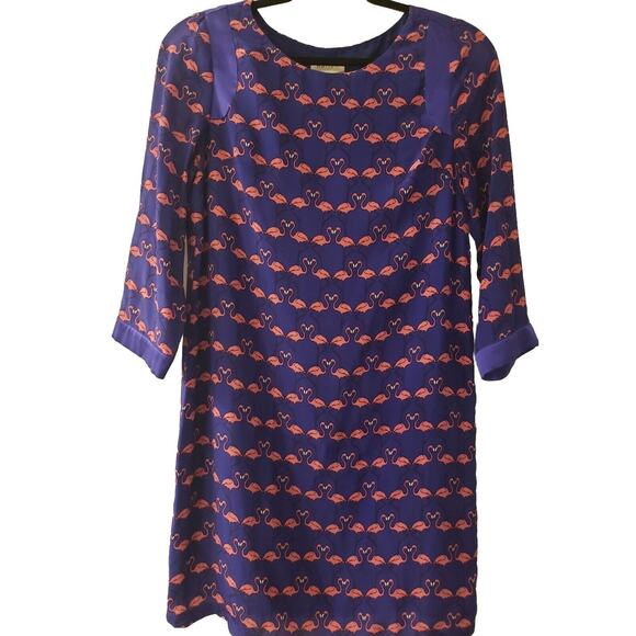 Anthropologie Harlyn 100% Silk Flamingo Repeat Shift Tunic Dress Blue XS - Picture 2 of 11